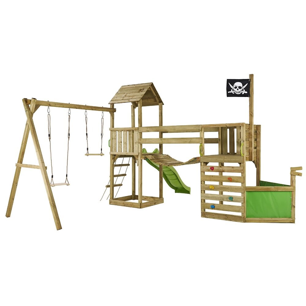 Aire+de+jeux+pirate+en+bois+WILLI+avec+vigie+-+Balancoire,+trapeze,+toboggan,+mu