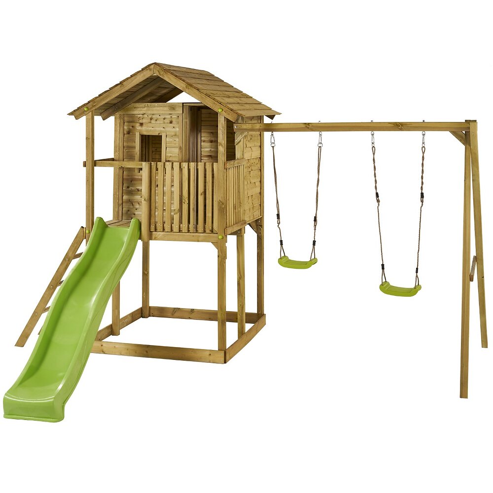 Aire+de+jeux+en+bois+avec+cabane+sur+pilotis+WAPITI+–+Balancoires,+toboggan,+cab