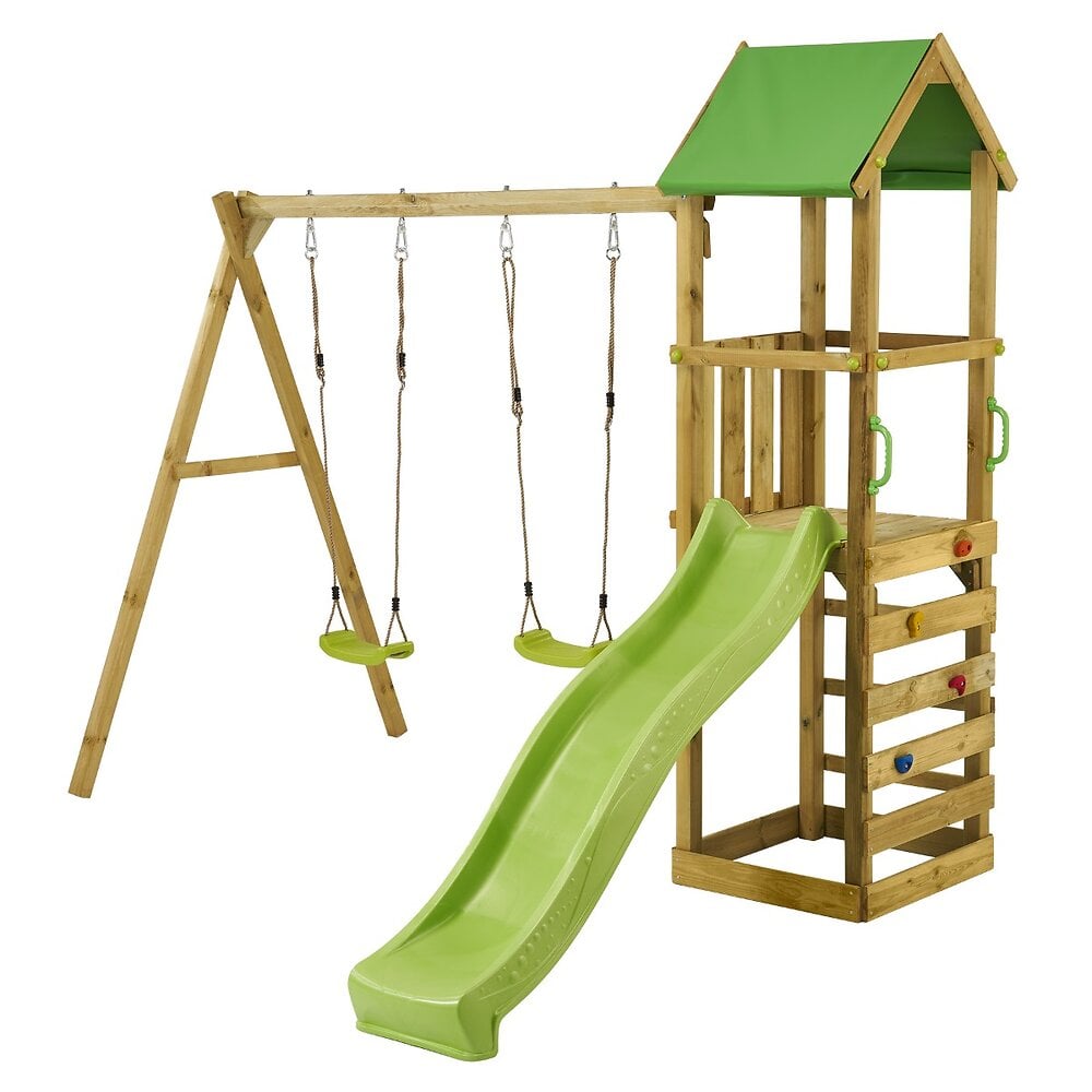Portique+bois+enfant+avec+tobogan,+balancoires,+escalade+et+cabane+WALLI