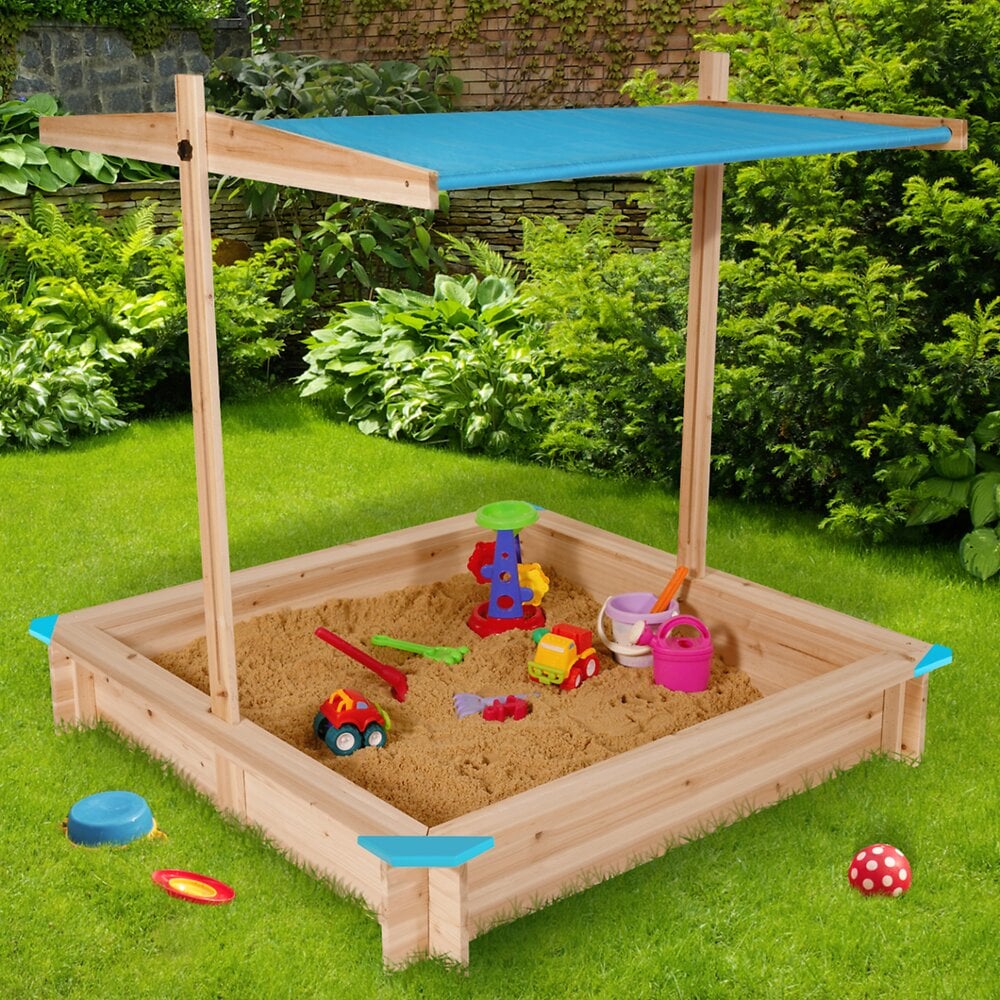 Bac+à+sable+KIDS+bois+avec+toit+ouvrant+bleu