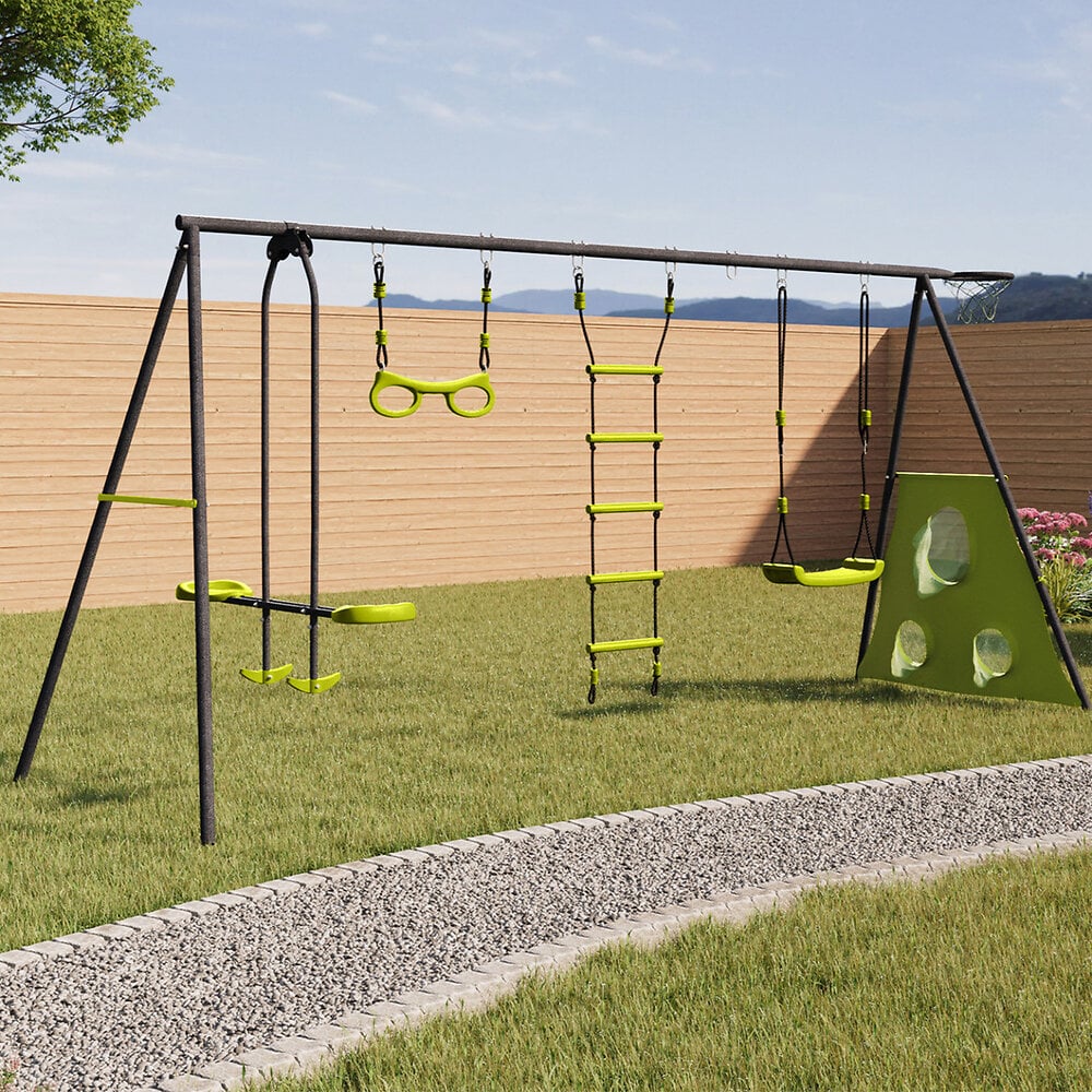 Balancoire+4+agres+portique+avec+balancoire+face+à+face+trapeze+echelle+panier+de+basket+et+buts+de+foot