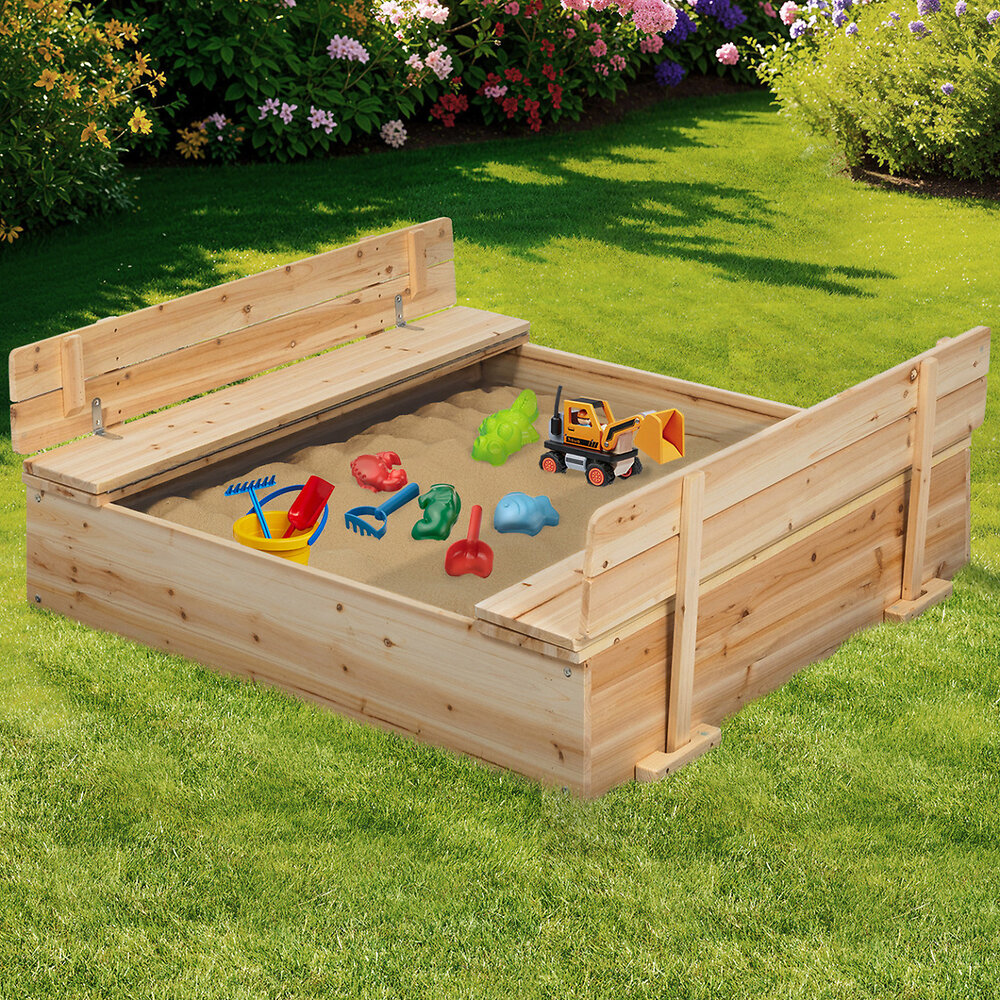 Bac+à+sable+FUNNY+bois+refermable+avec+2+bancs+et+bâches+de+protection