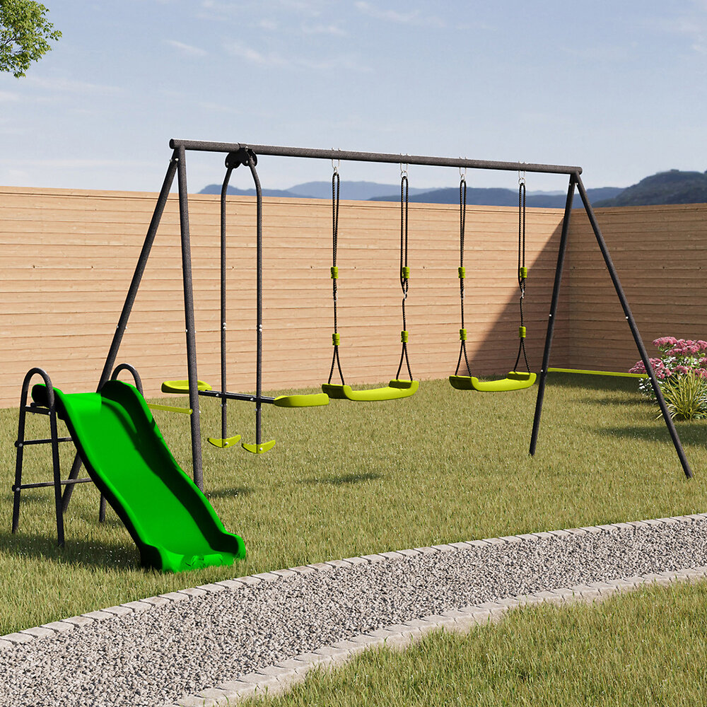 Balancoire+3+agres+portique+avec+2+balancoires,+1+face+à+face+et+toboggan