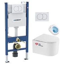 BADLAND WC Set: Geberit Duofix Basic UP 100 Vorwandelement + Wand-WC Weiß + Betätigungsplatte Delta01 Weiß + Slim WC-Sitz Soft-close + Schallschutzmatte