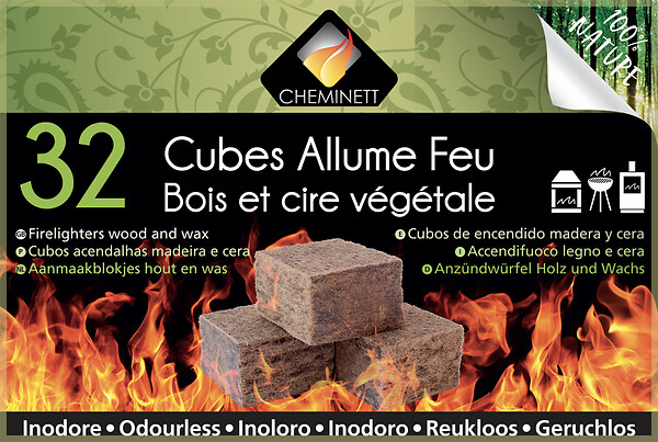 32 Cubes Allume-feu à base de bois compressé. Allumage rapide et économique  pour la cheminée ou l'extérieur.