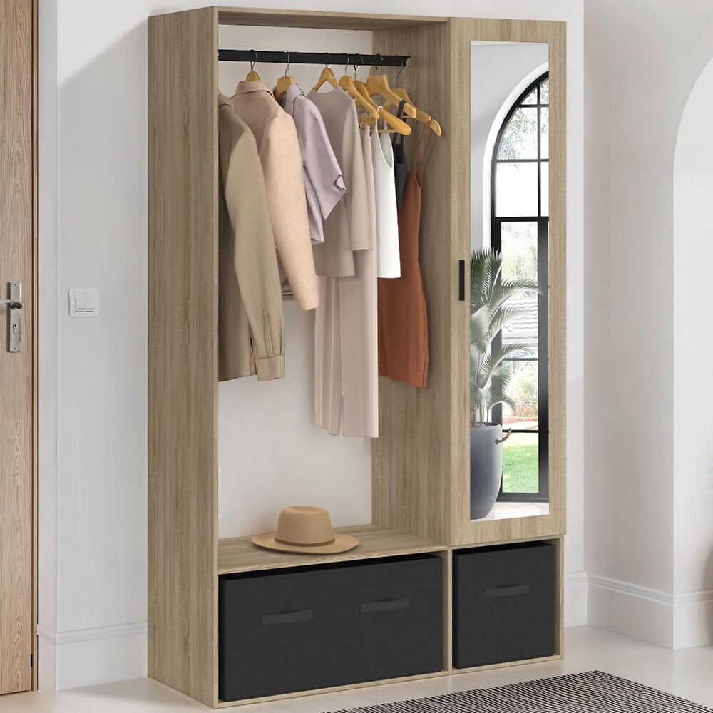 Dressing penderie BERENICE 105 x 40 x 172 cm hêtre avec étagères + boites de rangement noires + miroir