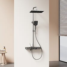 EMKE Colonne de douche Thermostat, 36 cm étagères, 3 types de jets, barre de douche avec douchette à main, Débit réglable, Certification KTW, Blanc