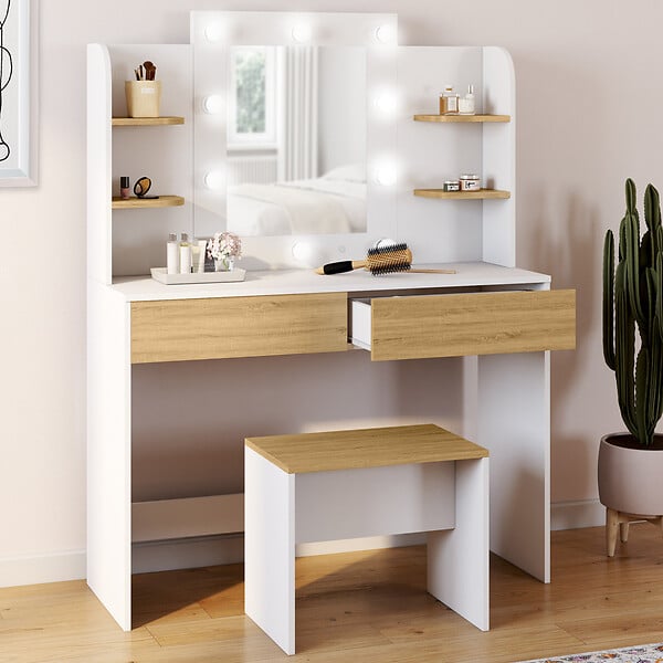 Coiffeuse Kate Blanche Avec Miroir Et Tabouret – Vicco – Avec Tiroir – Neuf