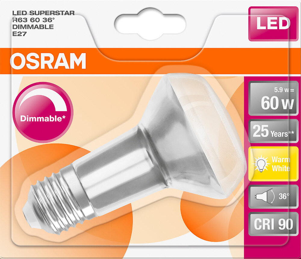 OSRAM - Spot R63 LED verre clair variable 5,9W=60 E27 chaud - large