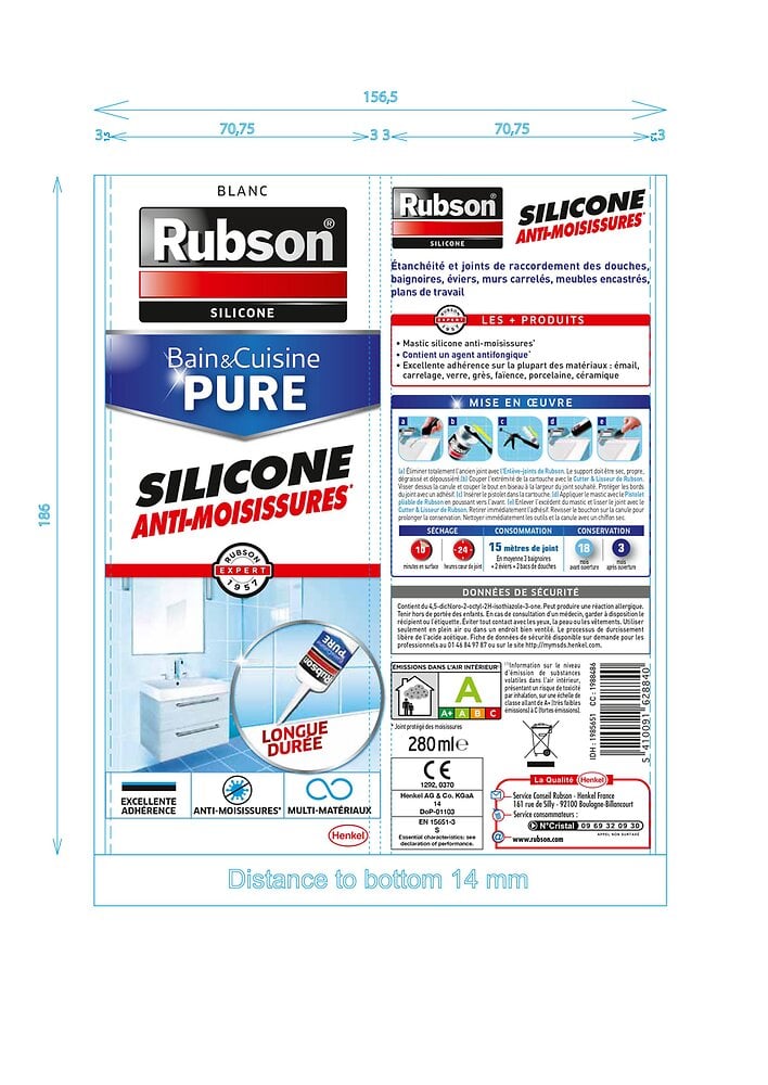 RUBSON - Mastic silicone anti-moisissures blanc cartouche 280 ml - large