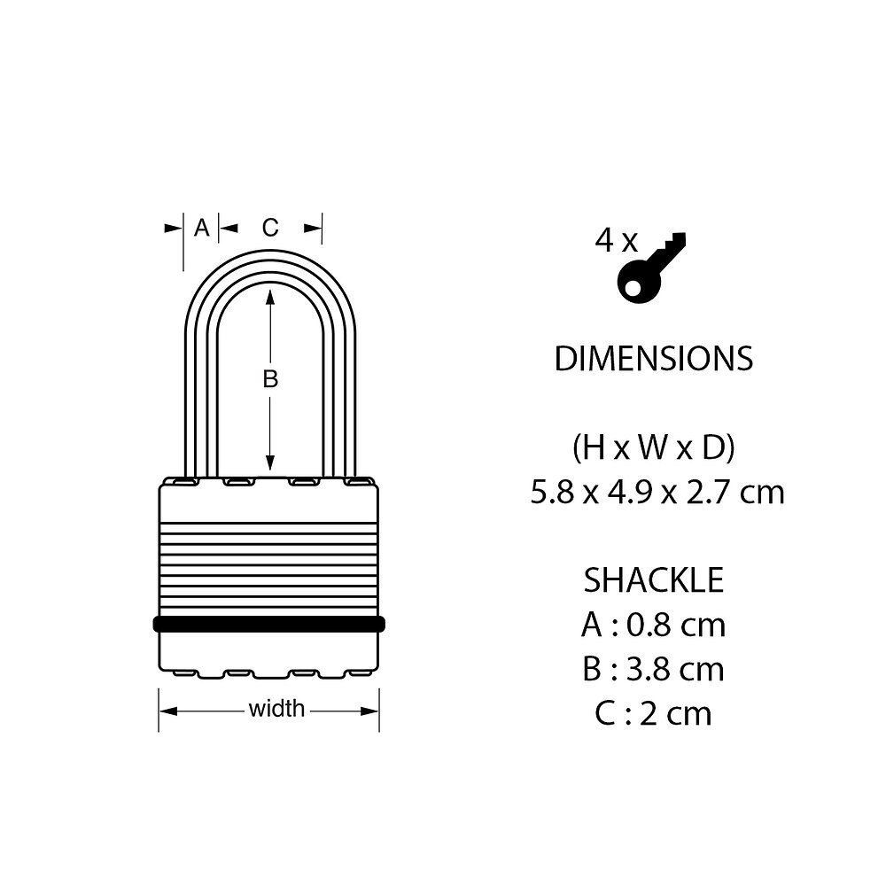 MASTERLOCK - Cadenas haute sécurité à clé acier-zinc 49mm anse d.8xh.38mm 4 clés - large