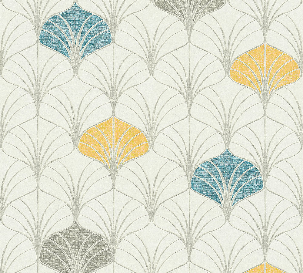 PAPIER PEINT INTISSE CHARLESTON ECRU BLEU JAUNE