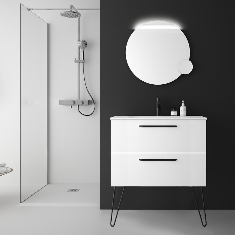 PLANETE_BAIN - Meuble salle de bain blanc mat 80 cm simple vasque à suspendre avec poignets et pieds noir mat - So matt - large