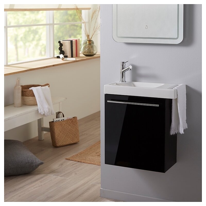 PLANETE_BAIN - Pack meuble lave mains noir + Lave mains avec porte serviette + robinetterie eau froide - large