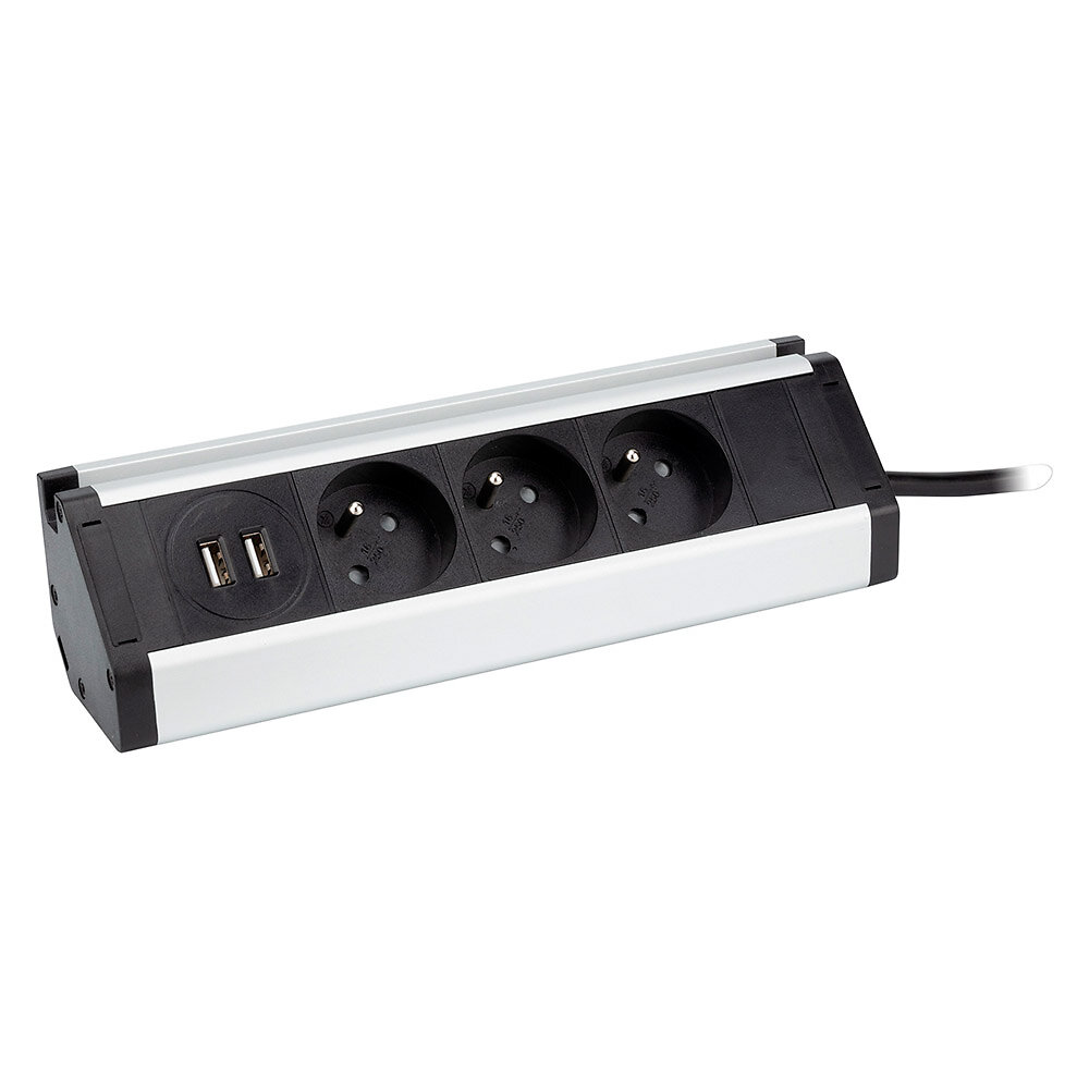 Bloc multiprise encastrable compact LED 3 prises 16A 2P+T & 2x USB -  Finition Inox - Otio - Brico Privé