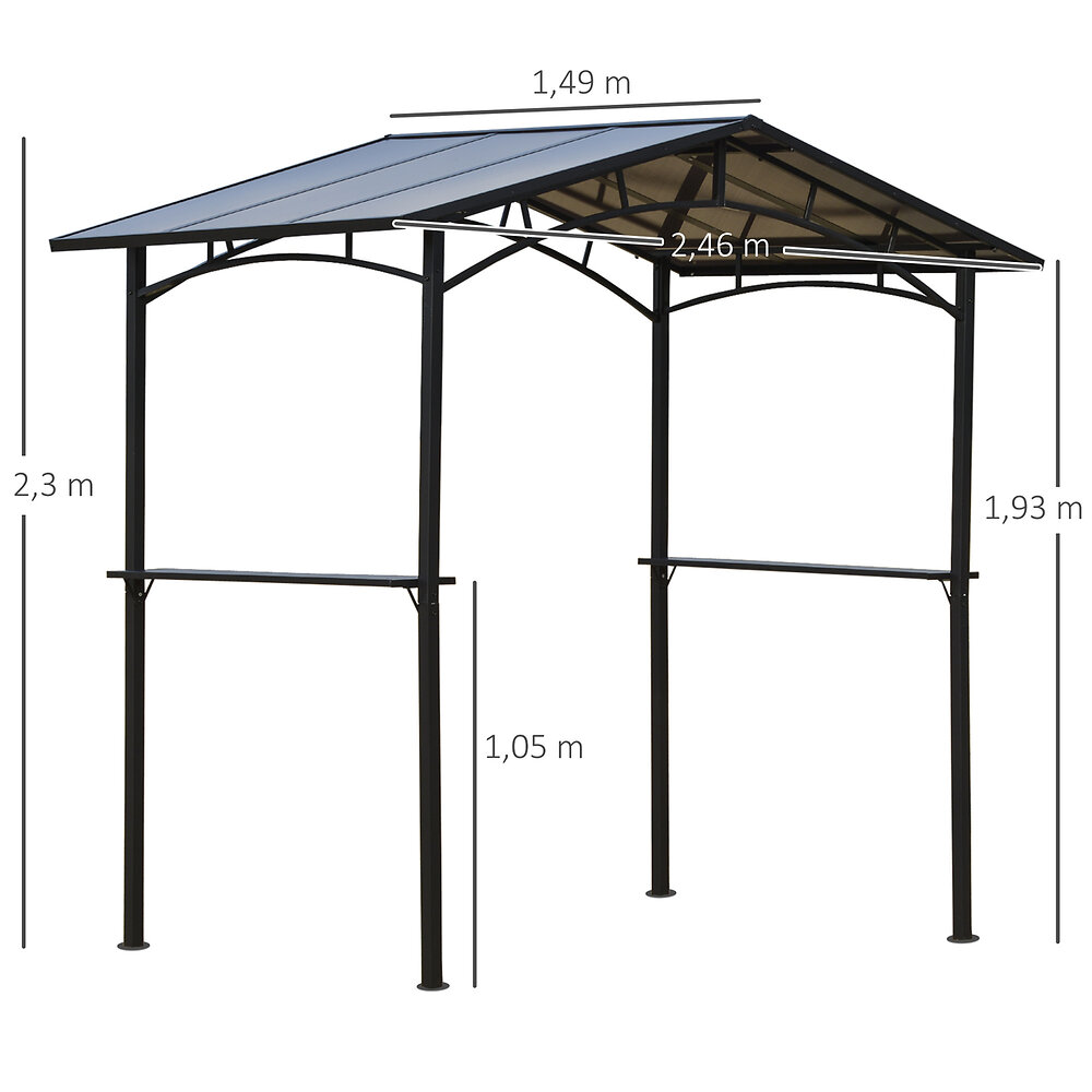 OUTSUNNY - Pavillon jardin - abri barbecue - steakhouse 2 étagères - toit de barbecue - dim. 2,46L x 1,49l x 2,30H m - alu. métal noir toit polycarbonate - large