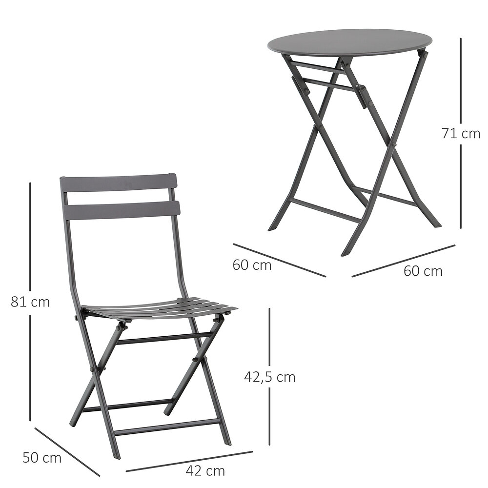 OUTSUNNY - Salon de jardin bistro pliable - table ronde Ø 60 cm avec 2 chaises pliantes - métal thermolaqué gris - large