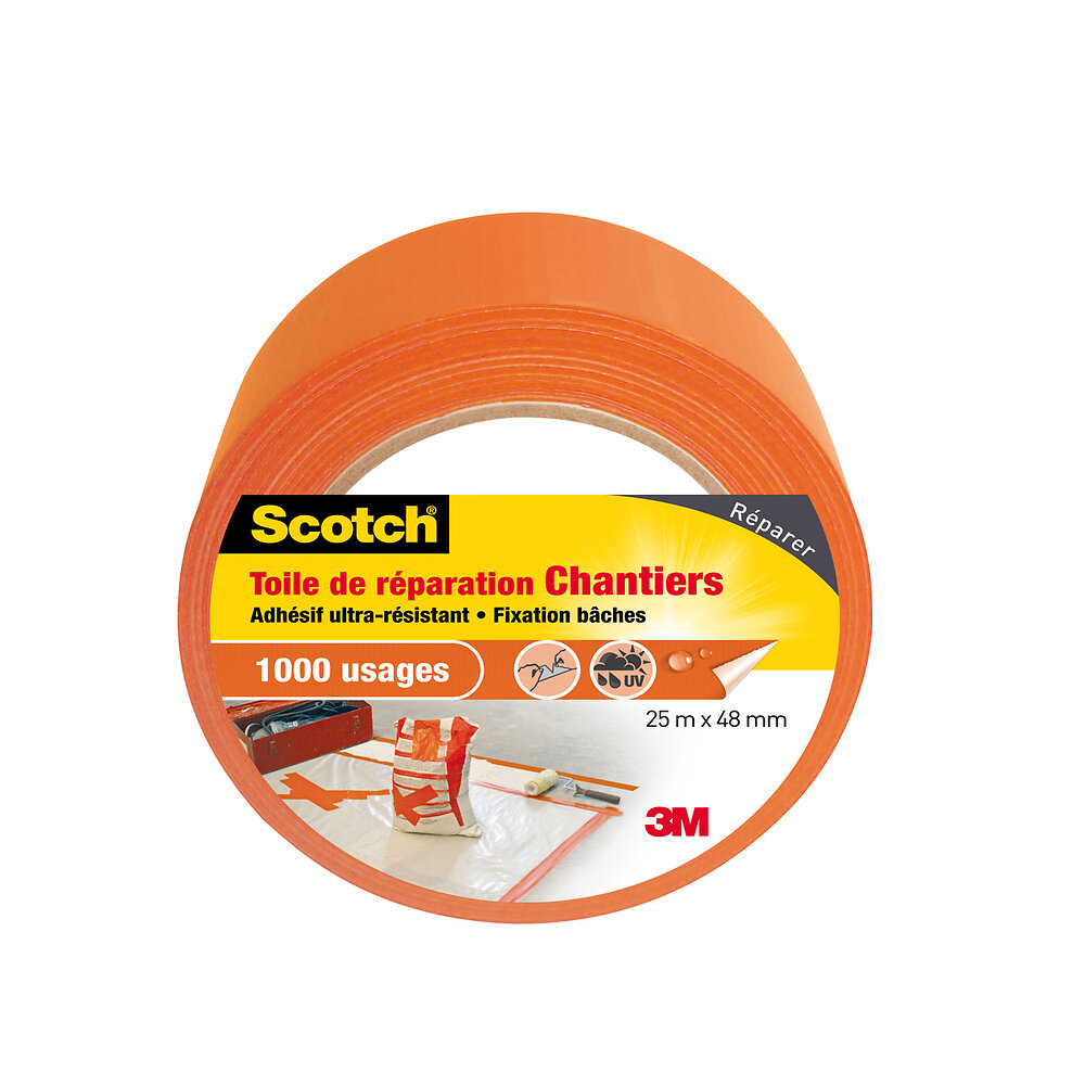 3M SCOTCH - Toile de réparation chantier 1000 usages SCOTCH 25m x 48mm orange - large