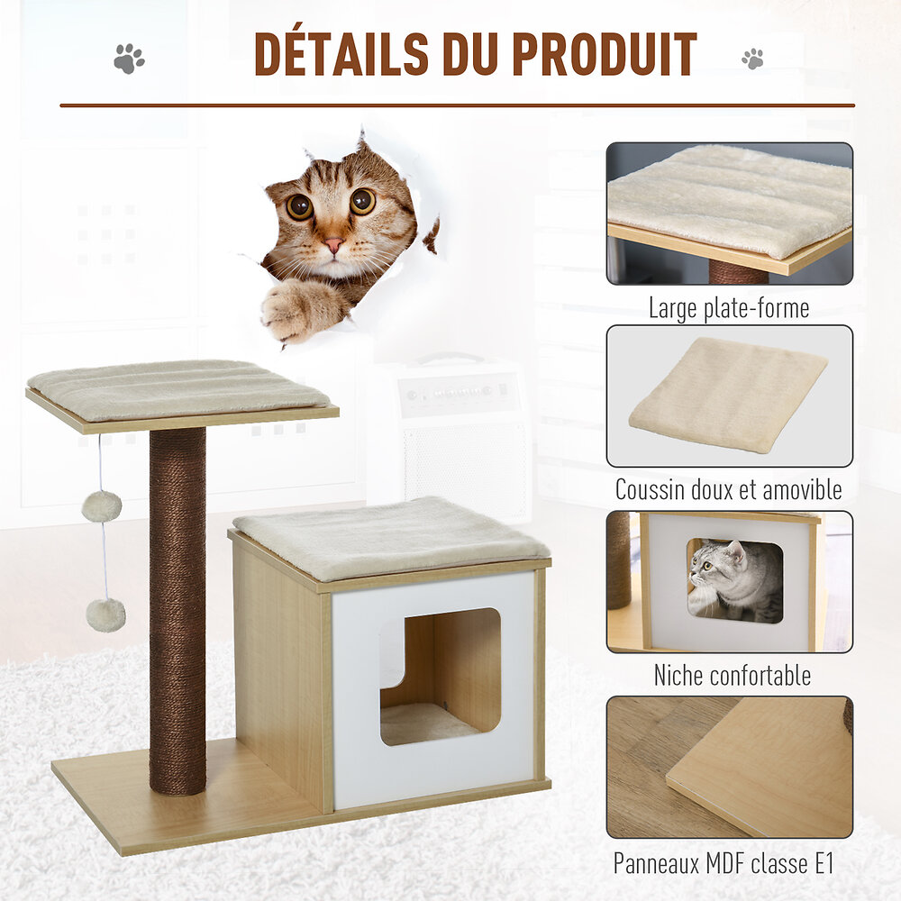 Arbre A Chats Design Griffoir Sisal Naturel Niche Plate Forme Jeu Boules Suspendues 68l X 37 5l X 64h Cm Mdf Bois Clair Blanc Bricomarche