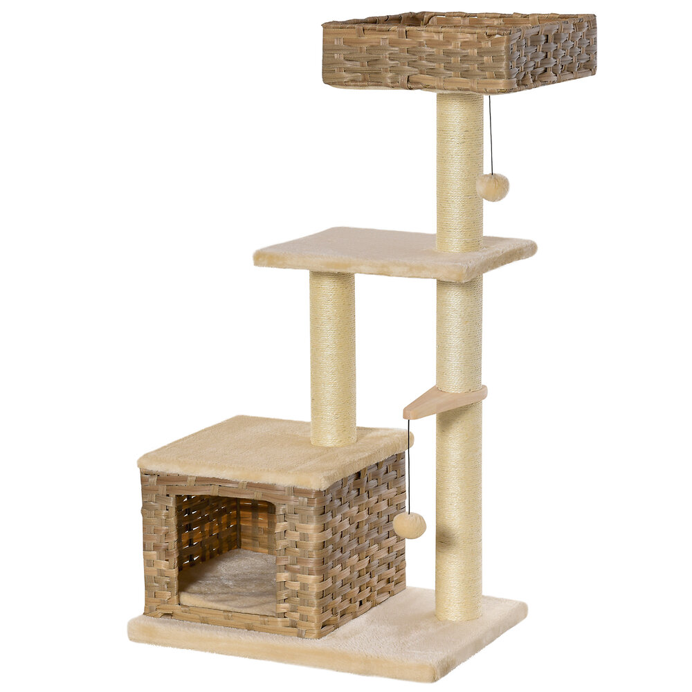 Arbre A Chats Style Cosy Chic Griffoirs Sisal Naturel Niche 3 Plateformes 2 Jeux Boules Peluche Courte Resine Tressee Imitation Rotin Beige Bricomarche