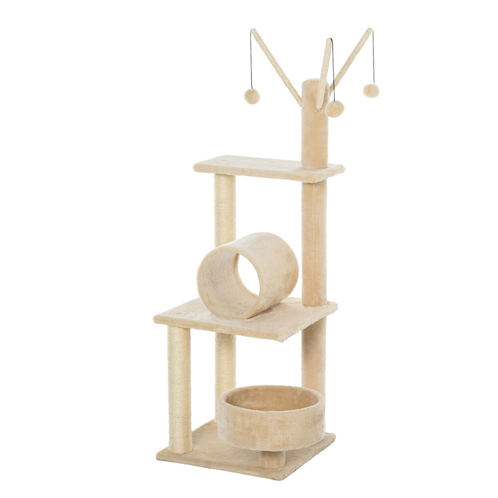 Arbre A Chat Avec Griffoirs Centre D Activites Tunnel Plateformes Jeu De 3 Boules Suspendues Beige Bricomarche