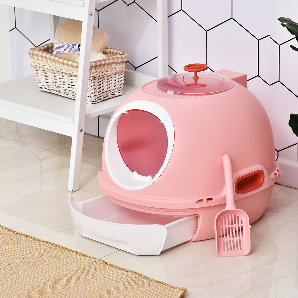 PAWHUT - Maison de toilette portable pour chat tiroir à litière coulissant porte battante lucarne + pelle fournis dim. 47L x 55l x 44H cm rose - large