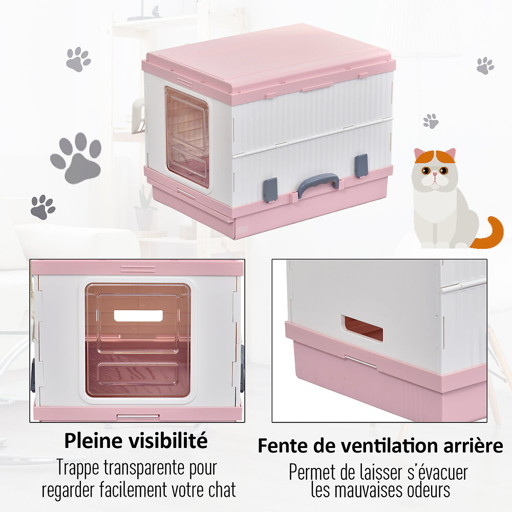 PAWHUT - Maison de toilette pliable portable pour chat tiroir à litière coulissant porte battante transparente + pelle fournis 43L x 54l x 42H cm rose - large