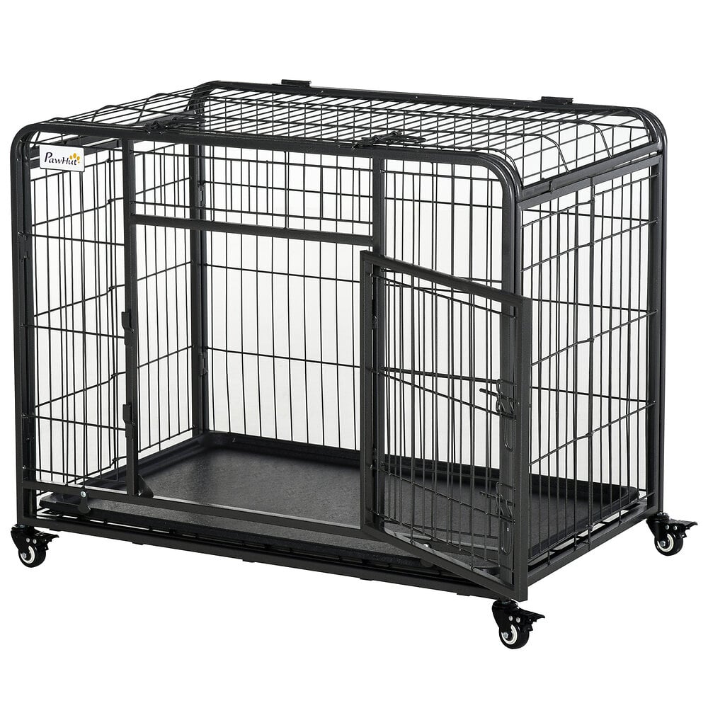 PAWHUT - Cage pour chien pliable cage de transport sur roulettes 2 portes verrouillables plateau amovible dim. 94L x 58l x 69H cm métal gris noir - large
