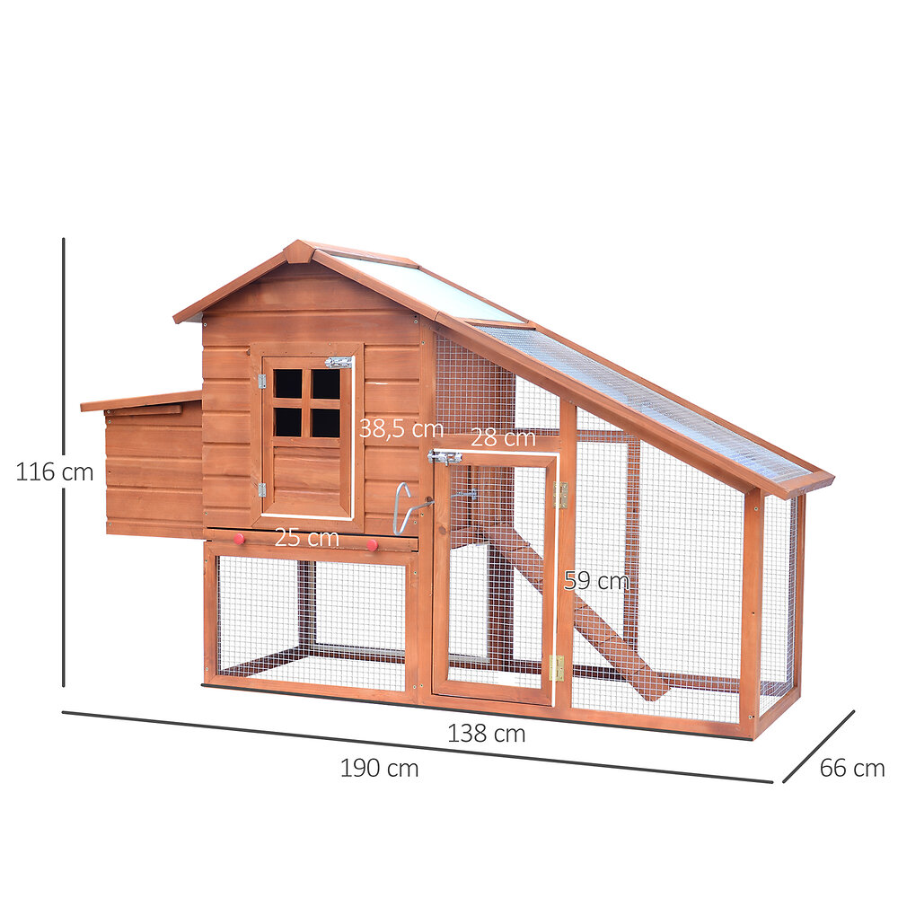 PAWHUT - Poulailler cottage cage à poules sur pied dim. 190L x 66l x 116H cm multi-équipement bois massif pin pré-huilé - large