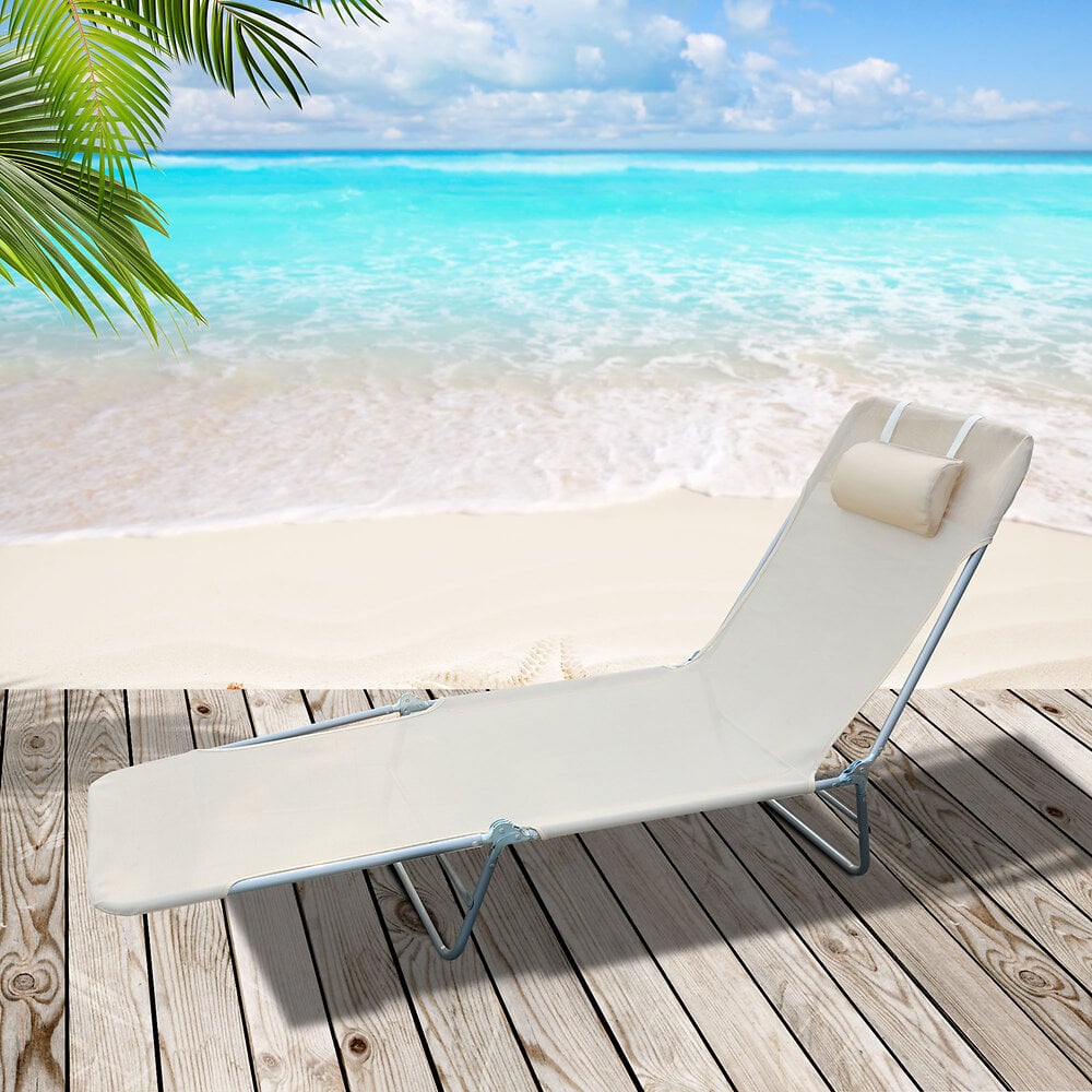 HOMCOM - Chaise longue pliante bain de soleil inclinable transat textilène lit jardin plage 182L x 56l x 24,5H cm beige - large