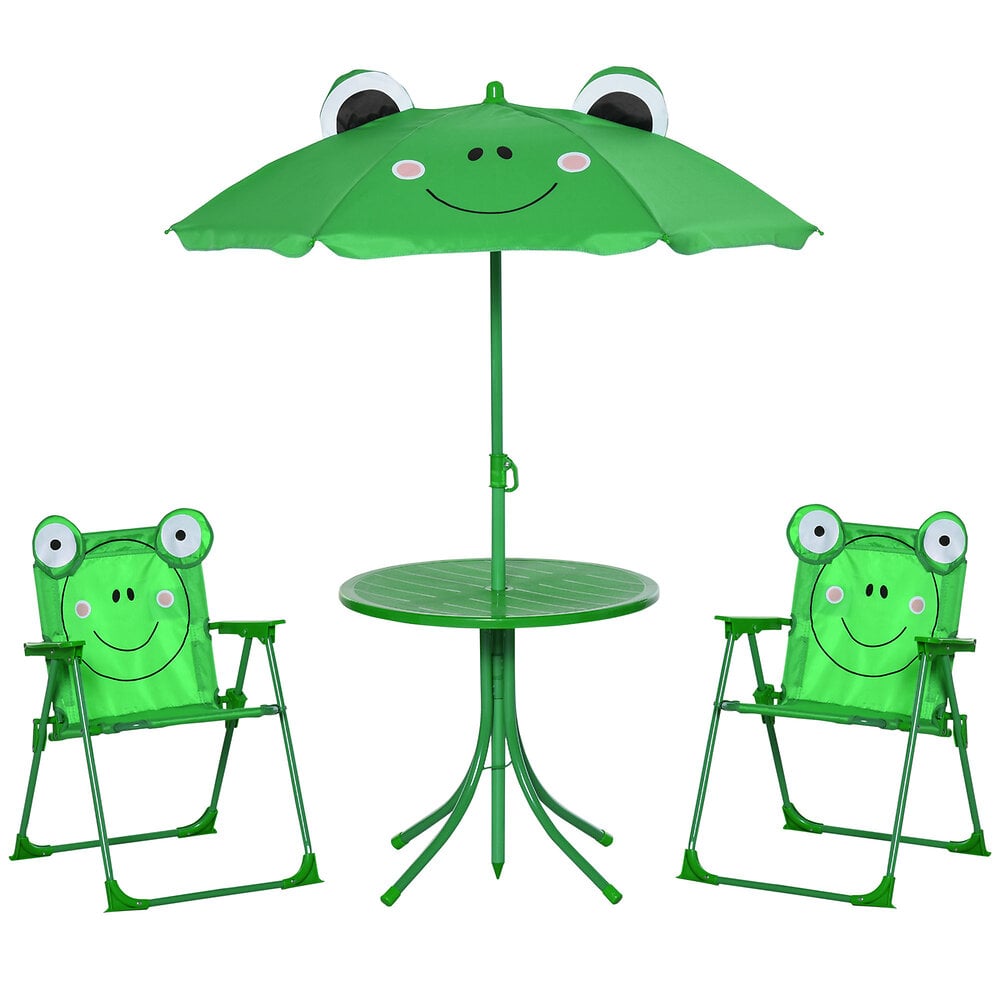 ensemble salon de jardin enfant 4 pcs design grenouille - table ronde + 2 chaises pliables + parasol - métal époxy oxford vert