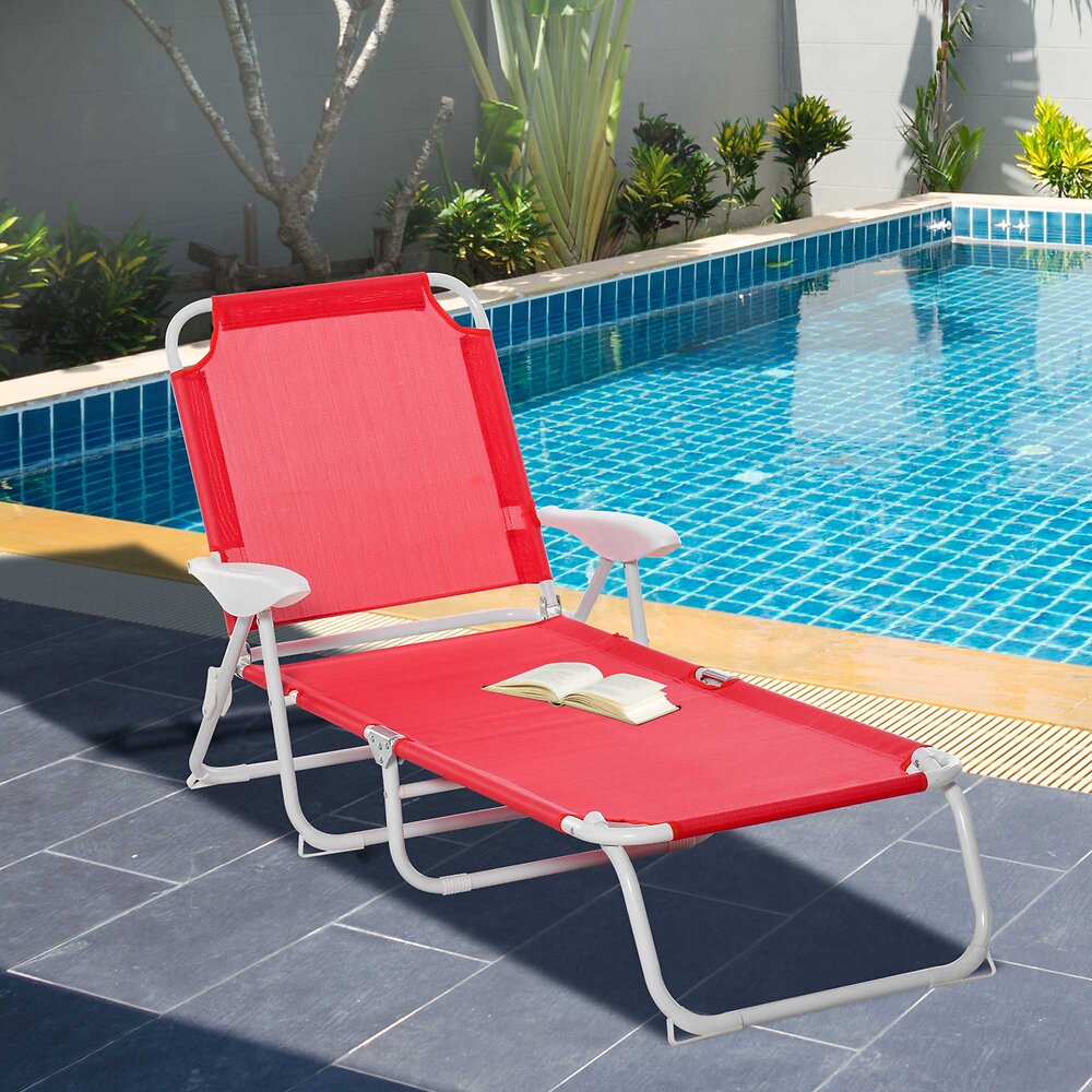 OUTSUNNY - Bain de soleil pliable - transat inclinable 4 positions - chaise longue grand confort avec accoudoirs - métal époxy textilène - dim. 160L x 66l x 80H cm - rouge - large