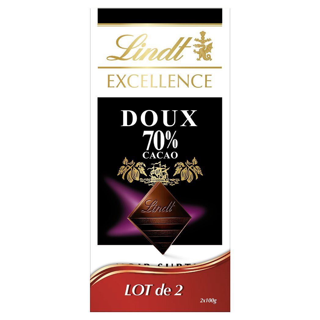 Excellence Lindt Chocolat noir 70% de cacao - doux les 2 tablettes de 100g - 200g