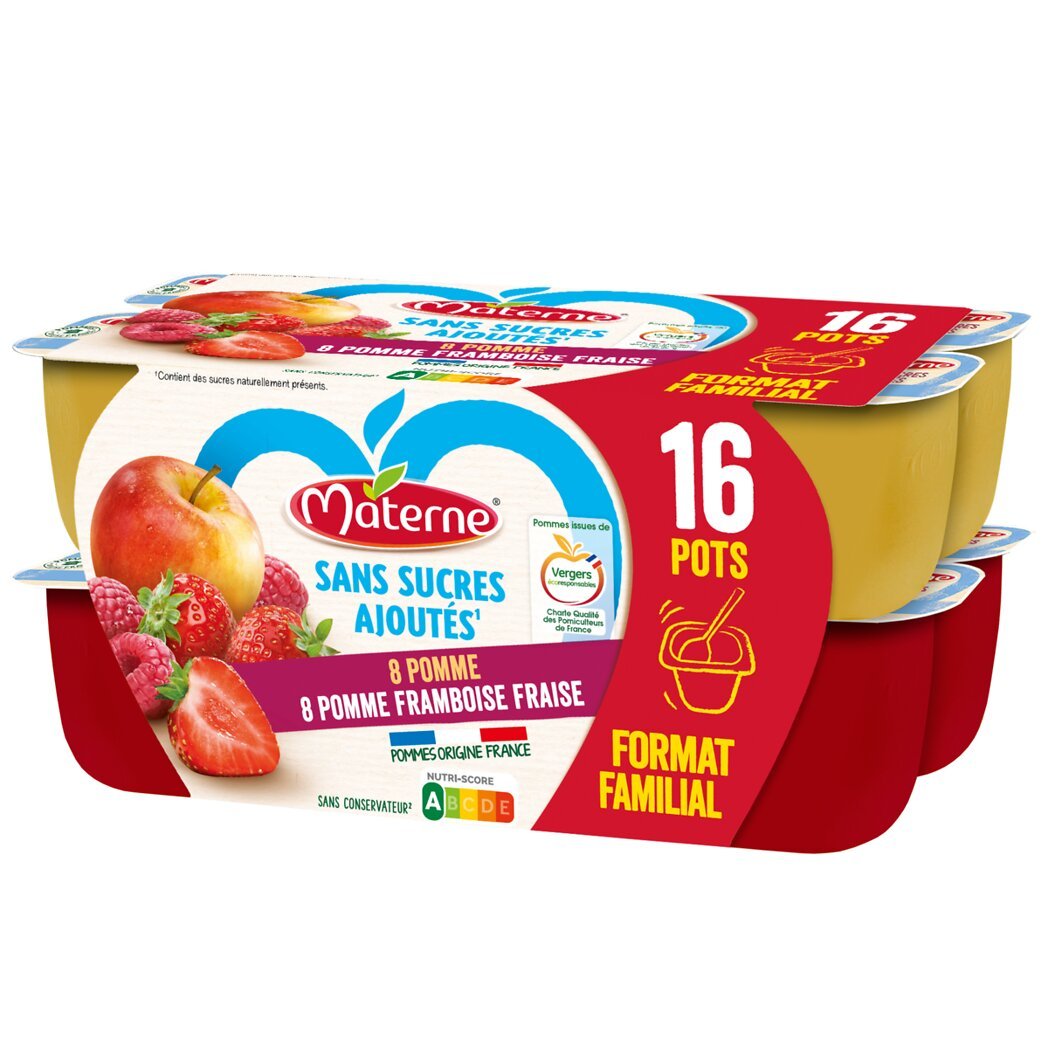Materne Materne Compote sans sucre ajouté - pomme/pomme framboise fraise - Format Familial les 16 pots de 100g  - 1.6kg