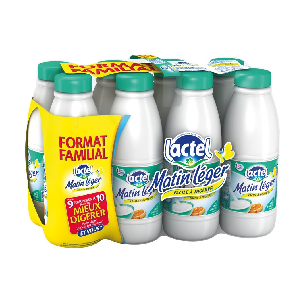 Lactel Matin Léger - Lait écrémé sans lactose 0%mg facile à digérer UHT Le lot de 8 bouteilles de 1l - 8l