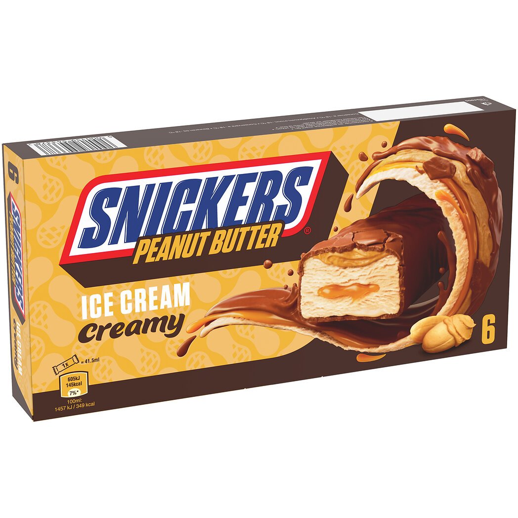Snickers Snickers Crème glacée beurre de cacahuète et caramel tendre enrobée cacao la boîte de 6 barres - 249ml