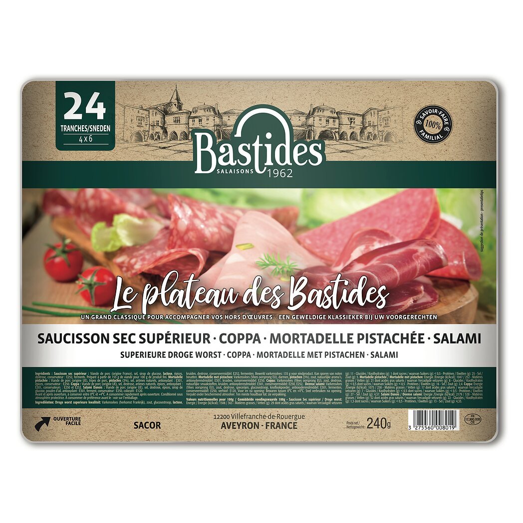 Bastides Bastides Salaisons Plateau bastides, saucisson du Rouergue, mortadelle pistachée, coppa salée au sel sec, salami le plateau,240g