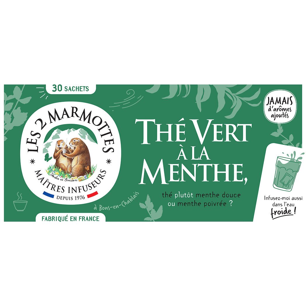 Les 2 Marmottes - Thé Vert à la Menthe 45g Boite 30 sachets - Gamm