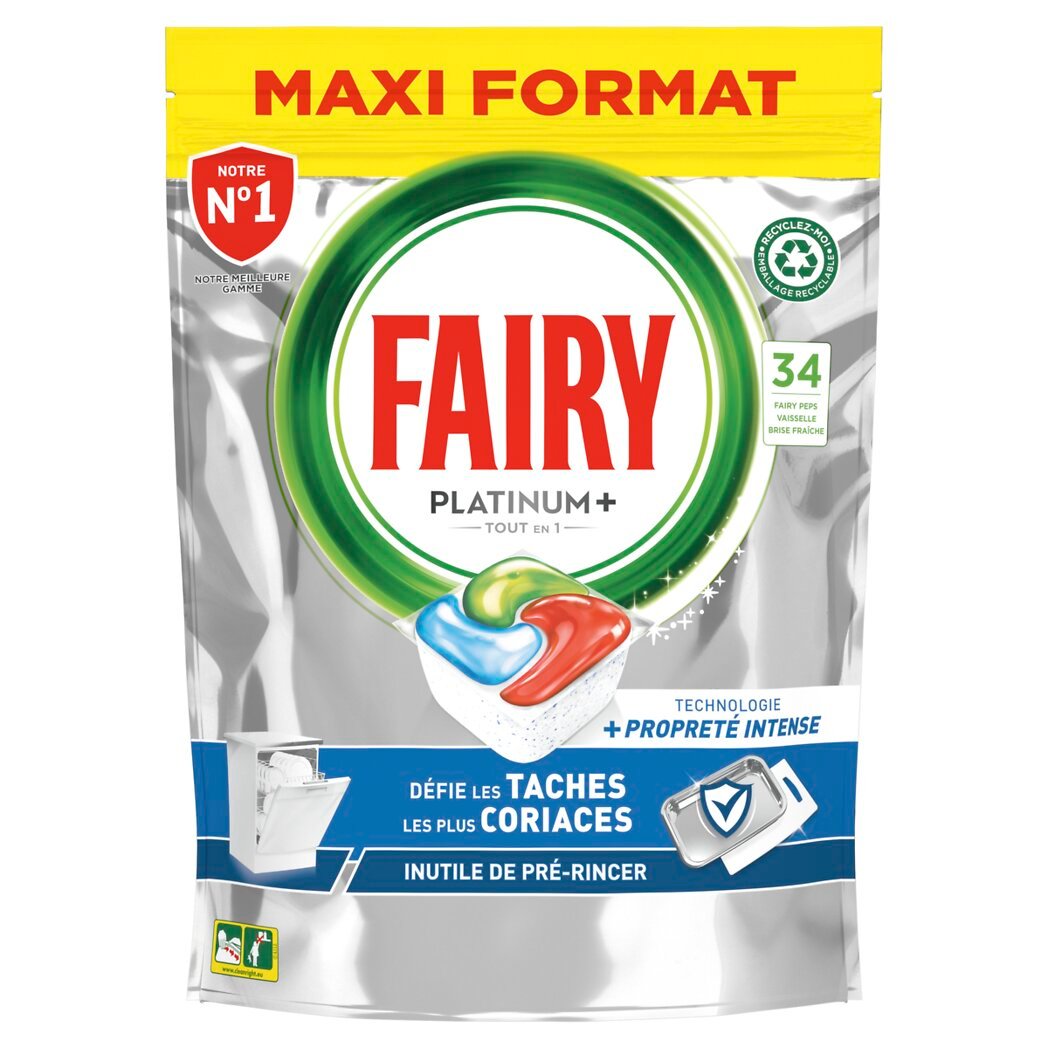 Fairy Fairy Peps platinum+ pour lave-vaisselle tout-en-1 brise fraîche Le paquet de 34 capsules