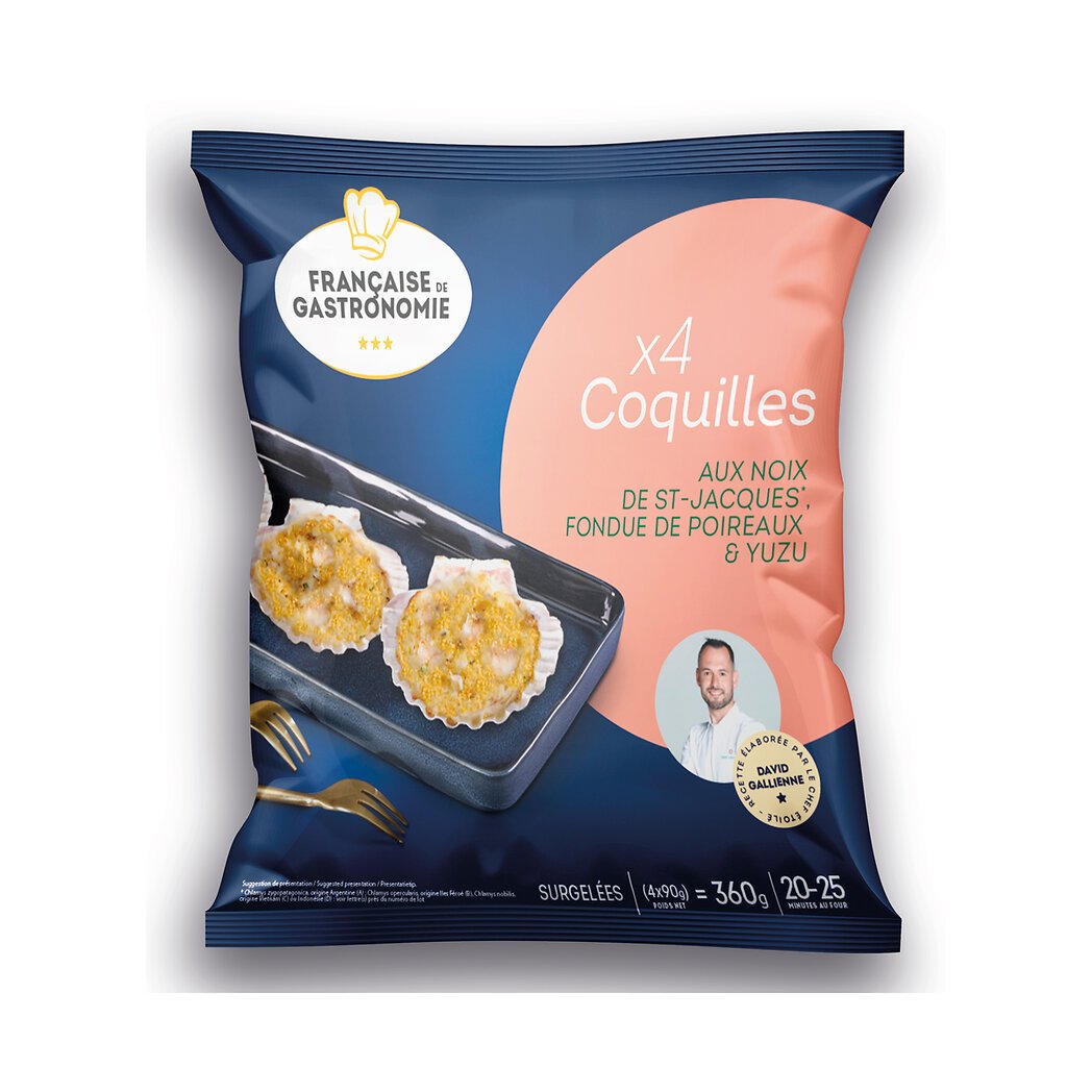 Coquilles aux noix de StJacques, fondu de poireaux et yuzu Française