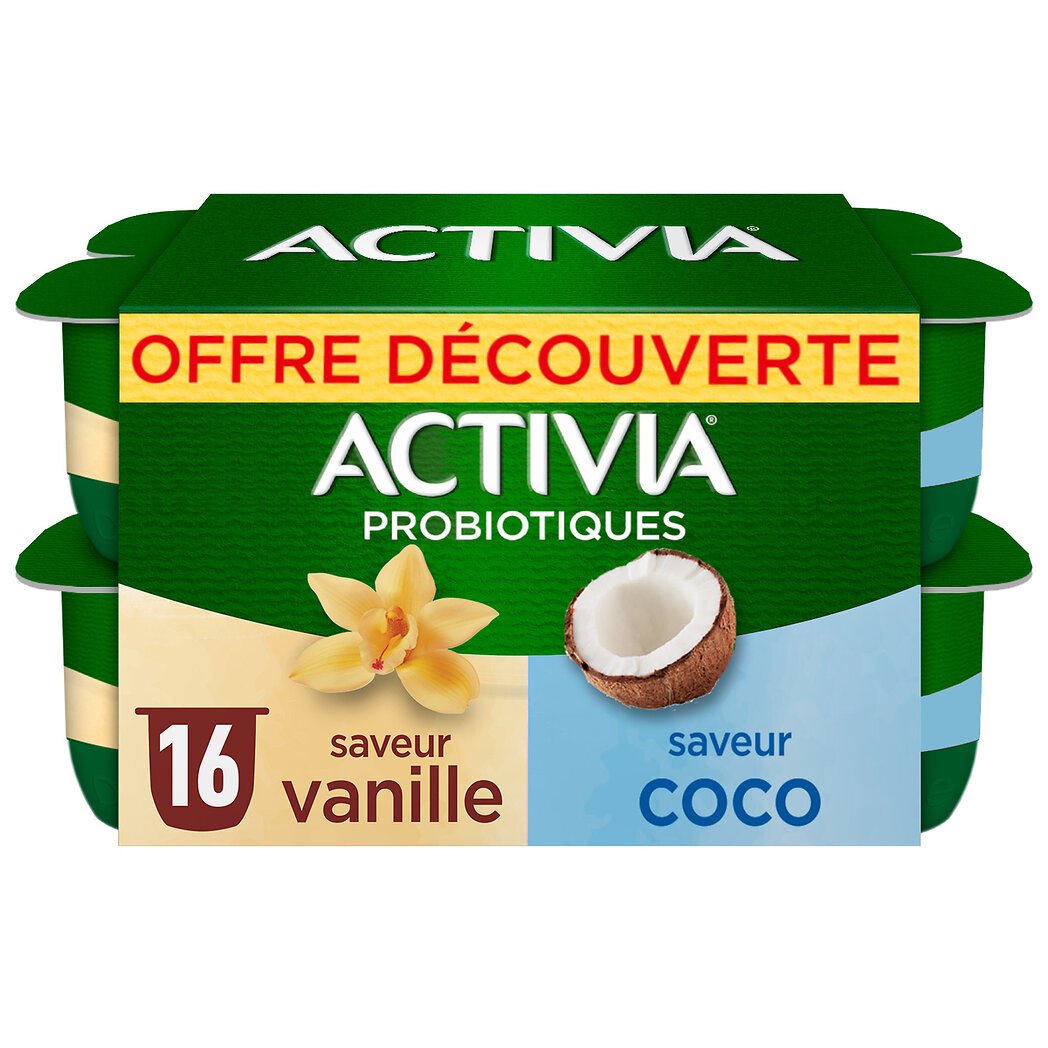 Danone Activia Yaourt saveur vanille et saveur coco bifidus Le lot de 16 pots de 125g - 2kg