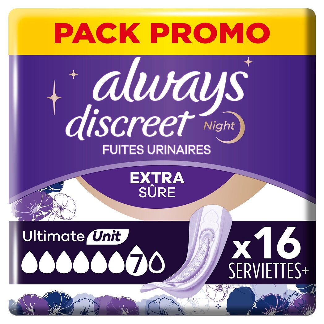 Always Discreet - Serviettes pour fuites urinaires nuit extra secure Le paquet de 16