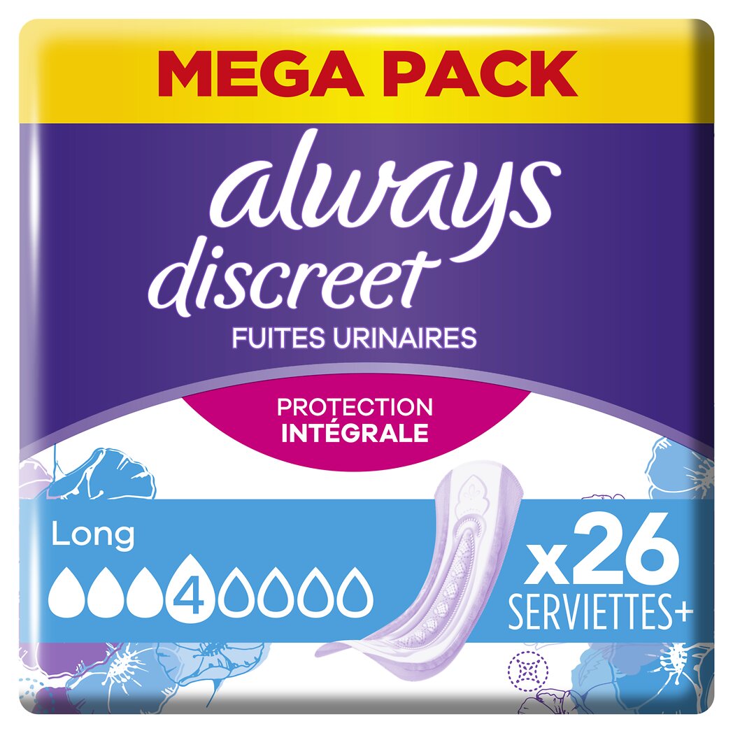 Always Discreet - Serviettes pour fuites urinaires long protection intégrale Le paquet de 26