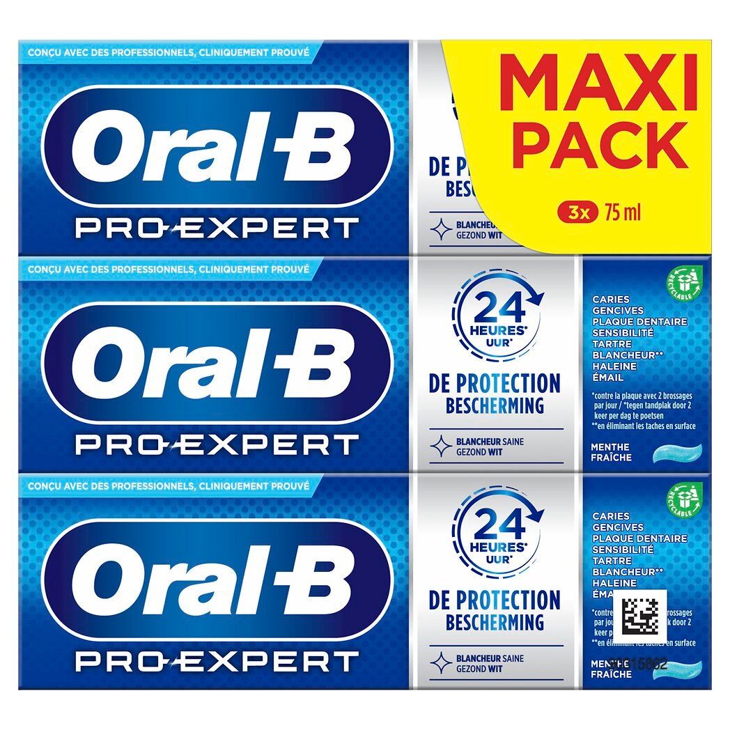 Oral B Pro-Expert - Dentifrice blancheur saine protection 24h Le lot de 3 tubes de 75ml - 225ml