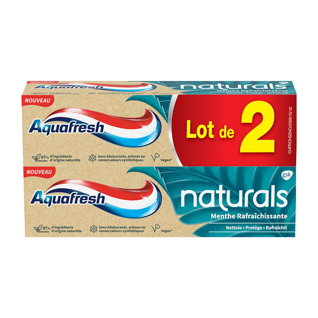 Aquafresh Dentifrice naturals menthe rafraichissante Les 2 tubes de 75ml - 150ml