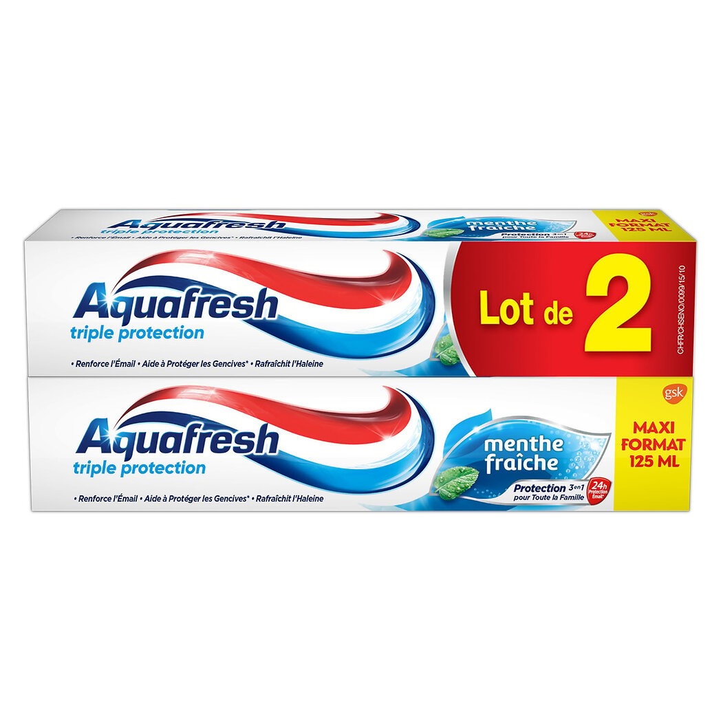 Aquafresh Dentifrice triple protection menthe fraiche Les 2 tubes de 125ml - 250ml
