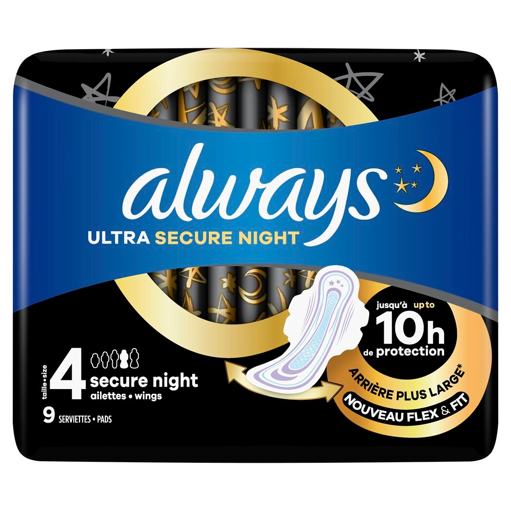 Always Ultra Secure Night - Serviettes hygiéniques avec ailettes taille 4 le paquet de 9