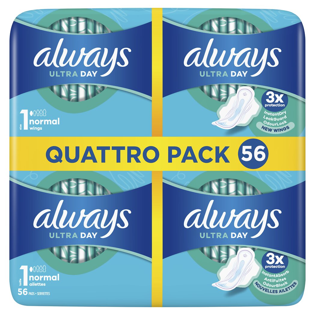 Always Ultra day - Serviettes normal ailettes Le lot de 4 paquets de 14 serviettes - 56 serviettes