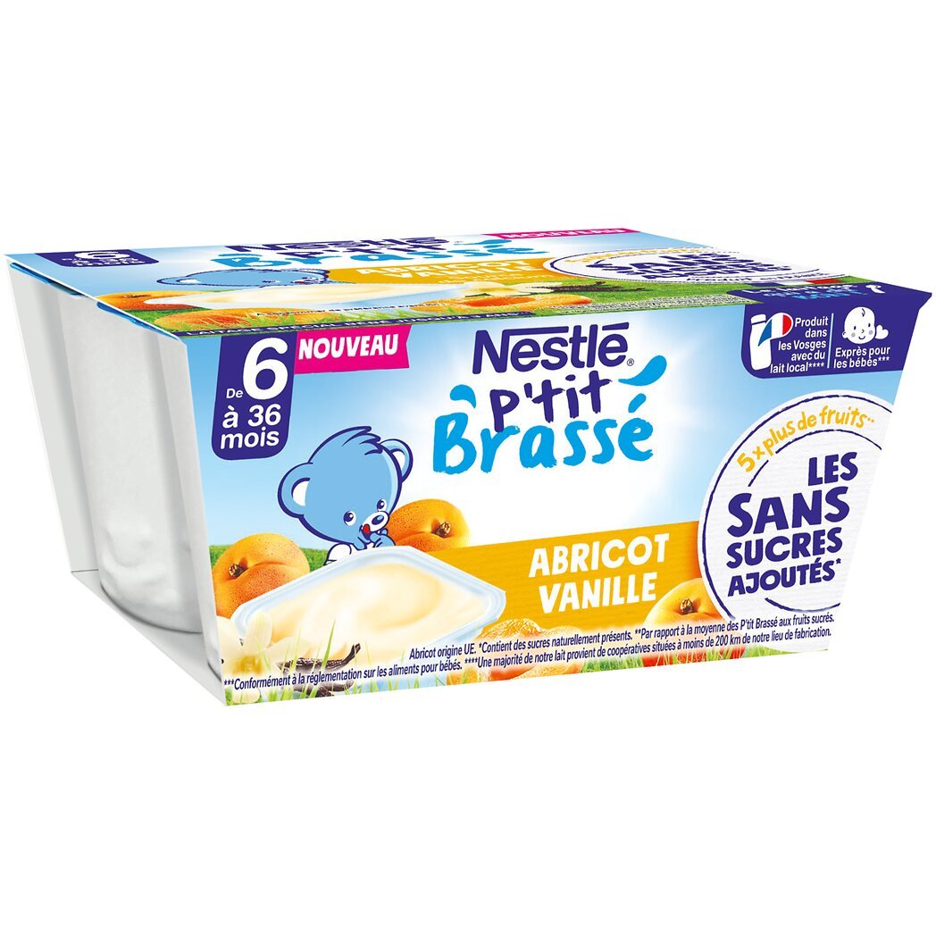 Nestlé P'tit Brassé - Abricot vanille sans sucres ajoutés, dès 6 mois les 4 pots de 90g