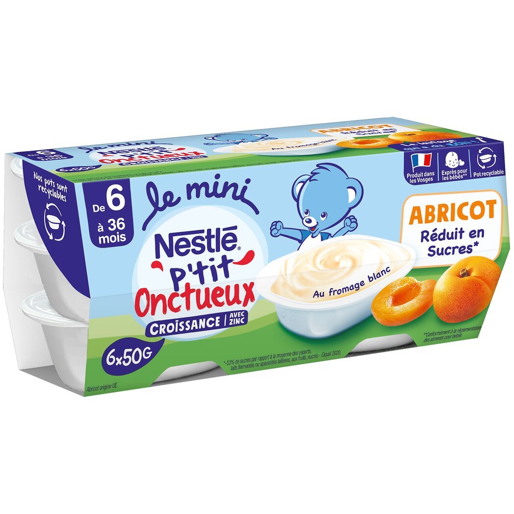 Nestlé Nestlé P'tit Onctueux Croissance - Dessert au fromage blanc saveur abricot, dès 6 mois les 6 pots de 50g - 300g